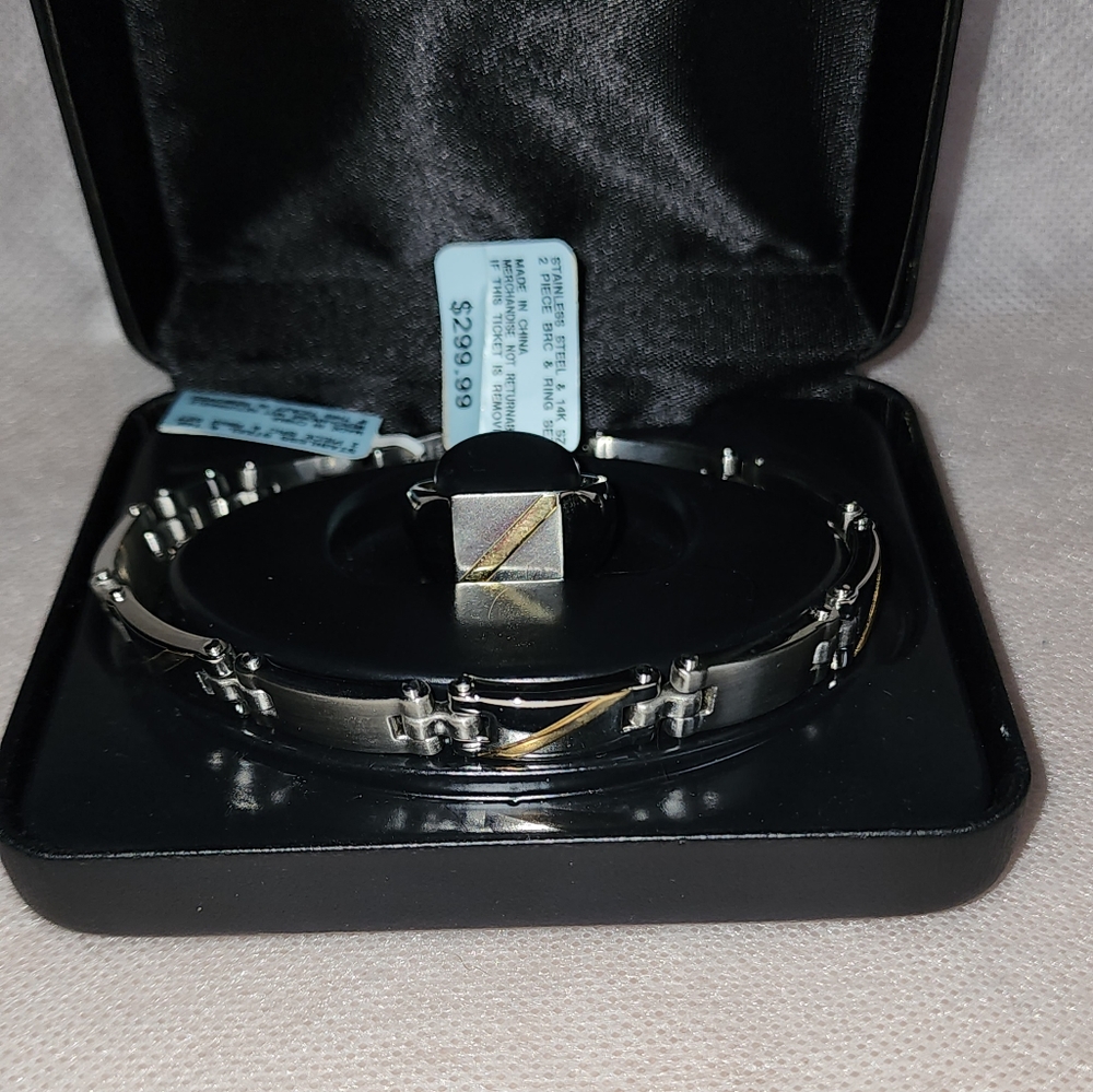 Men's Stainless steel and 14k SZ 2 Piece Bracelet & Ring Set NWT